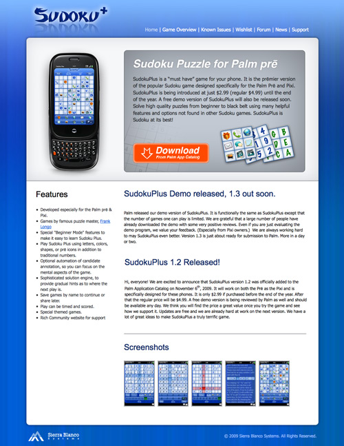 Homepage of Palm WebOS Game SudokuPlus